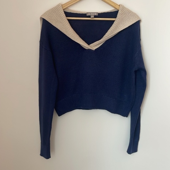 J. Crew Sailor-collar pullover sweater Navy and White Cropped BZ488 - Picture 2 of 8